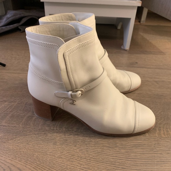 chanel white booties with pearls